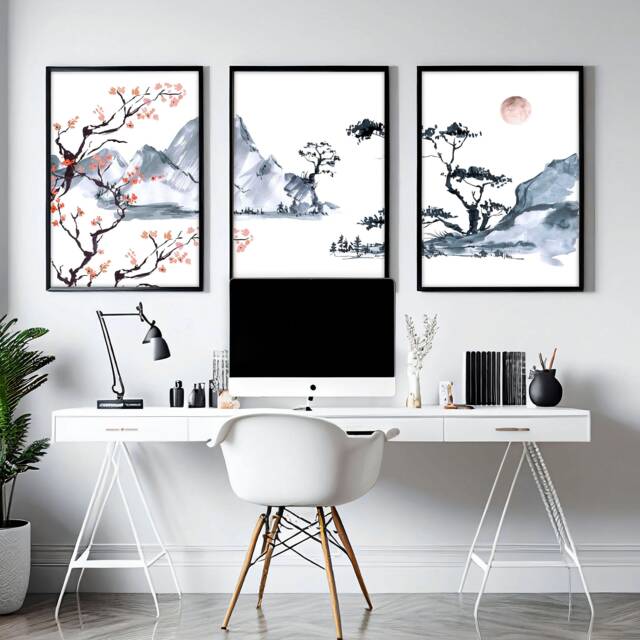 Japanese Zen Home Office Decor For Men Set Of 3 Framed Wall Art Prints, Trendy Japandi Gallery Hanging Office Desk Decor - image 1