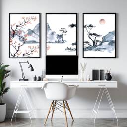 Japanese Zen Home Office Decor For Men Set Of 3 Framed Wall Art Prints, Trendy Japandi Gallery Hanging Office Desk Decor - thumbnail 1