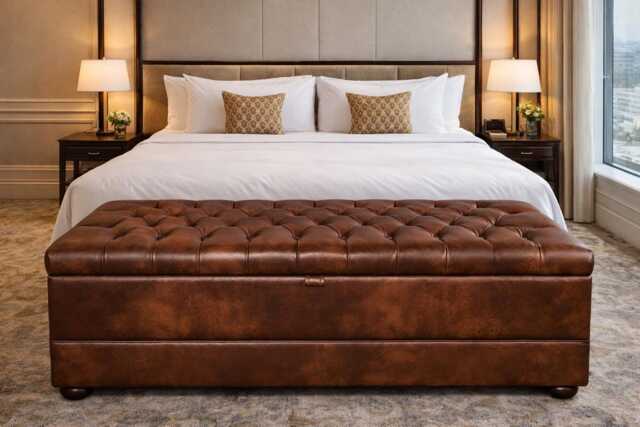 Chesterfield Style End Of Bed Storage Bedding Box Chestnut Faux Leather - image 1