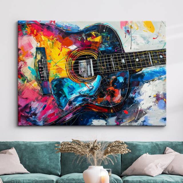 Colorful Guitar Abstract Oil Painting Musical Instrument Wall Art Framed Canvas Poster Print Home Kitchen Living Bedroom Decor Music Gift - image 1