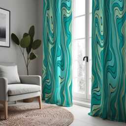 Turquoise Wavy Curtains, Modern Abstract Pattern Aqua Green Drapes, Custom Made Eyelet Or Rod Pocket Panels - thumbnail 4