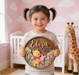 Personalized Pooh & Piglet Name Sign, Woodland Nursery Decor, Forest Baby Room Wall Art, Custom Kids Door Shower Gift - thumbnail 1