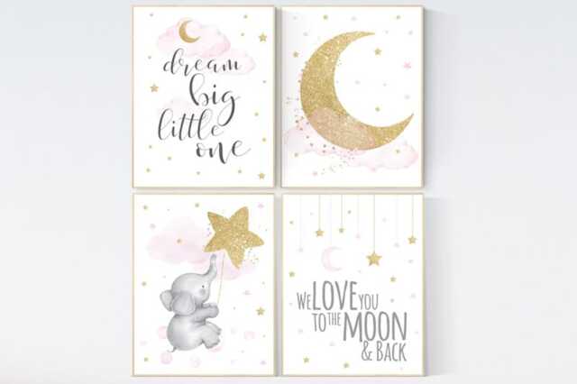 Elephant Nursery Decor Pink & Gold Moon & Stars Art Print - image 1