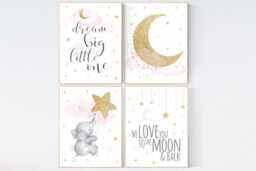 Elephant Nursery Decor Pink & Gold Moon & Stars Art Print - thumbnail 1