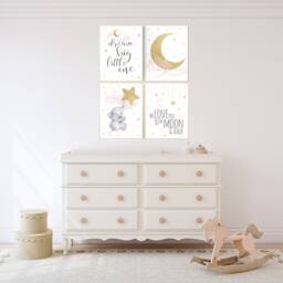 Elephant Nursery Decor Pink & Gold Moon & Stars Art Print - thumbnail 2