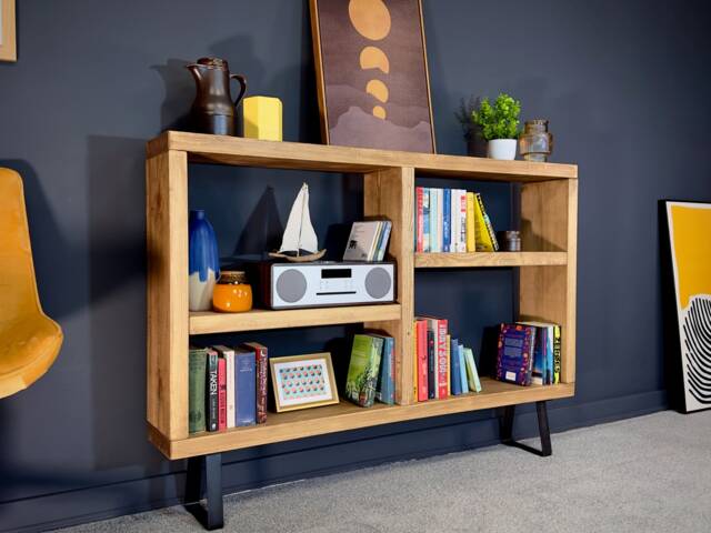 Rustic Solid Wood Bookcase Low Industrial Trapezium Leg Shelving - image 1