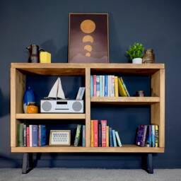 Rustic Solid Wood Bookcase Low Industrial Trapezium Leg Shelving - thumbnail 2
