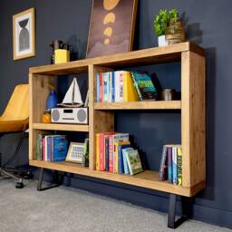 Rustic Solid Wood Bookcase Low Industrial Trapezium Leg Shelving - thumbnail 3