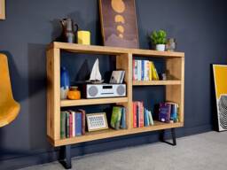 Rustic Solid Wood Bookcase Low Industrial Trapezium Leg Shelving - thumbnail 1