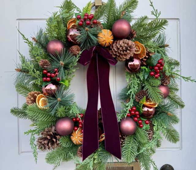 Woodland Orange Christmas Wreath With Burgundy Velvet Ribbon - image 1