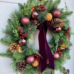 Woodland Orange Christmas Wreath With Burgundy Velvet Ribbon - thumbnail 3