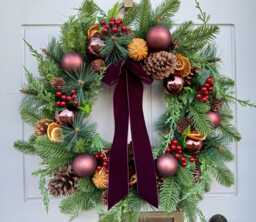 Woodland Orange Christmas Wreath With Burgundy Velvet Ribbon - thumbnail 1