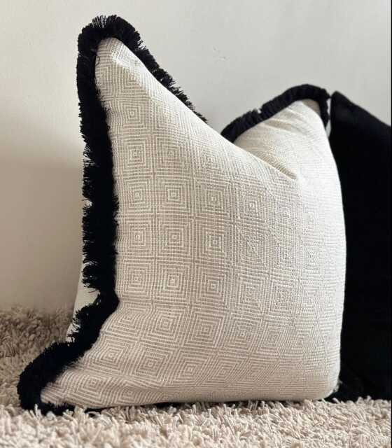Neutral Geometric Cushion Cover Fringed Throw Pillow - New England Natural - image 1
