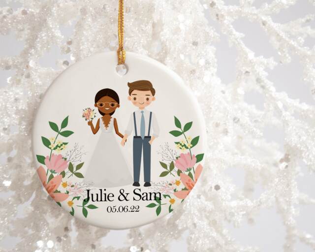 Wedding Christmas Ornament - Bride & Groom Present Personalized Cute Couple Black White