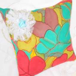 Silk Cushion Cover Abstract, 40 cm Square With White Bow. Bohemian Soft Furnishings - thumbnail 2