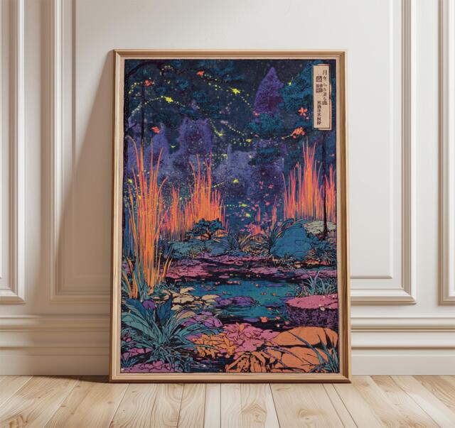 Firefly Forest Poster, Japanese-Inspired Art Print, Vibrant Nature Wall - image 1