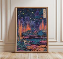 Firefly Forest Poster, Japanese-Inspired Art Print, Vibrant Nature Wall - thumbnail 1