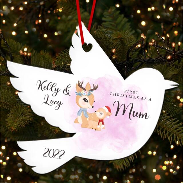 First As A Mum Deer Robin Bauble Personalised Christmas Tree Ornament Decoration