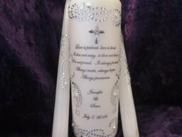 Personalized Unity Candle Set Rhinestone Pearls, Silver Cross - thumbnail 1