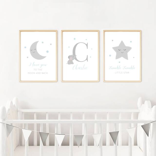 Personalised Name Baby Boy Print, Set Of 3, Elephant, Moon Star Nursery Prints, New Baby, Bedroom, Christening Gift, Grey Blue, A3 A4 - image 1
