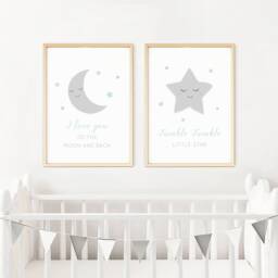 Personalised Name Baby Boy Print, Set Of 3, Elephant, Moon Star Nursery Prints, New Baby, Bedroom, Christening Gift, Grey Blue, A3 A4 - thumbnail 2