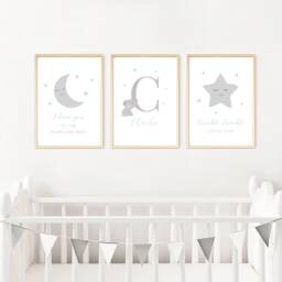 Personalised Name Baby Boy Print, Set Of 3, Elephant, Moon Star Nursery Prints, New Baby, Bedroom, Christening Gift, Grey Blue, A3 A4 - thumbnail 1