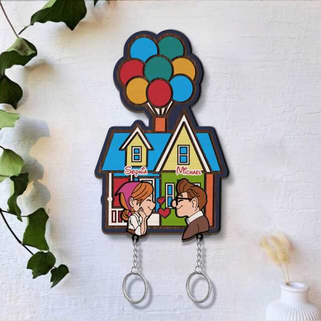 Personalized Up Movie Couple Keychain Holder, Carl & Ellie Key, Balloon House, Hanger For Wall Hanging, Perfect Home Decor - image 1
