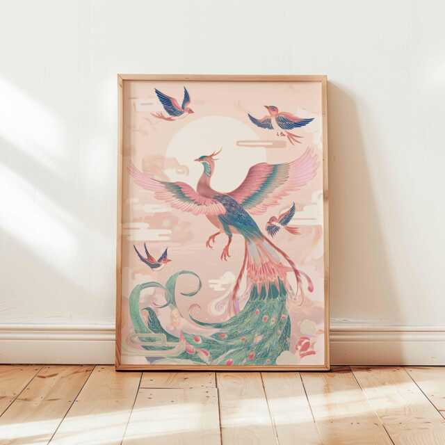 Chinese Phoenix Wall Art Print, Pastel Mythical Bird Poster Design, Elegant Fantasy Unframed Decor, Pink Oriental Sky Artwork