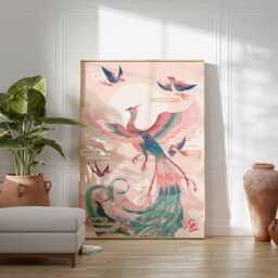 Chinese Phoenix Wall Art Print, Pastel Mythical Bird Poster Design, Elegant Fantasy Unframed Decor, Pink Oriental Sky Artwork - thumbnail 2