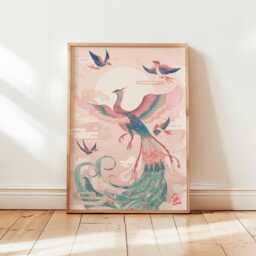 Chinese Phoenix Wall Art Print, Pastel Mythical Bird Poster Design, Elegant Fantasy Unframed Decor, Pink Oriental Sky Artwork - thumbnail 1