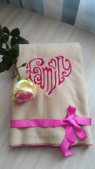 Beige, Warm, Soft, Light Fleece Blanket With Embroidery Heart Family. A Gift For Valentine's Day - image 1