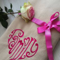 Beige, Warm, Soft, Light Fleece Blanket With Embroidery Heart Family. A Gift For Valentine's Day - thumbnail 2