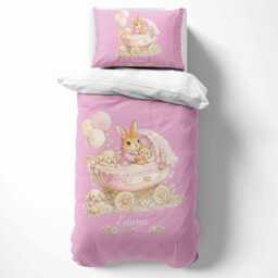 Personalised Name Pink Bunny Single Duvet Set Custom Colour Rabbit Pram Bedding Baby Shower Gift New Mum Keepsake Nursery Bedroom Cute Decor