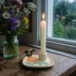 Handmade Ceramic Candle Holder Home Decor, Bird & Floral Design