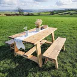 Handmade Rustic Solid Wood Outdoor Dining Table With Benches - thumbnail 3