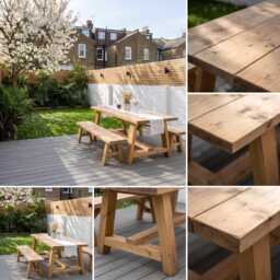 Handmade Rustic Solid Wood Outdoor Dining Table With Benches - thumbnail 1
