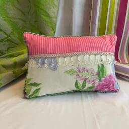 "Lilac Floral Pillow Cover Beaded Trim, Designers Guild Linen - 10""x16" - thumbnail 2