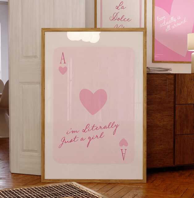I'm Literally Just A Girl, Playing Card Pink Heart Print, Girly Wall Decor, Trendy Aesthetic Art Coquette Print - image 1