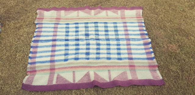 Traditional Ethnic Nepali Radhi Rug - Handmade Boiled Wool - Large, Blue Check - image 1