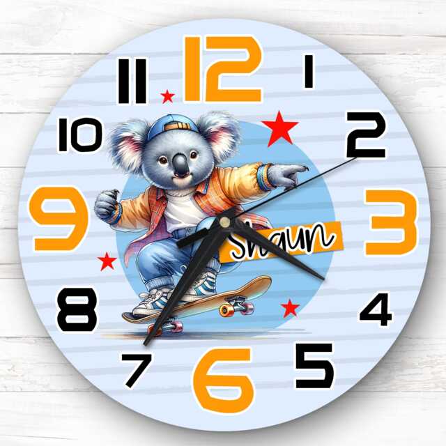 Boys Koala Bear Skateboarding Personalised Gift For Kid's Bedroom Clock - Kids Clock, Children's , Custom Wall - image 1
