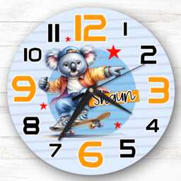 Boys Koala Bear Skateboarding Personalised Gift For Kid's Bedroom Clock - Kids Clock, Children's , Custom Wall - thumbnail 1