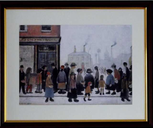 L.s. Lowry Art Print - Waiting For Shop To Open Walnut Finish Frame With Mount & Textured Image - image 1