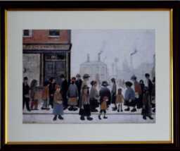 L.s. Lowry Art Print - Waiting For Shop To Open Walnut Finish Frame With Mount & Textured Image - thumbnail 1