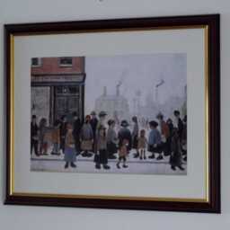 L.s. Lowry Art Print - Waiting For Shop To Open Walnut Finish Frame With Mount & Textured Image - thumbnail 2