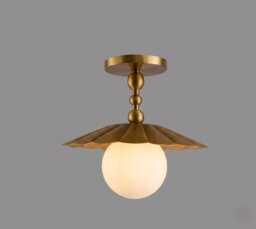 Mid-Century Modern Handmade Brass Scalloped Semi-Flush Mount With Globe Shade Ceiling Light Home Decor Pendant Light