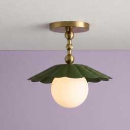 Mid-Century Modern Handmade Brass Scalloped Semi-Flush Mount With Globe Shade Ceiling Light Home Decor Pendant Light - thumbnail 3