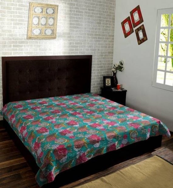 Beautiful Indian Handmade New Floral Print Kantha Quilt Bedspread, Coverlet Size-Multi - image 1