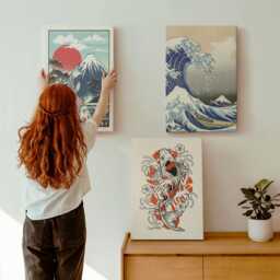 Canvas Art Set Of 3 - The Great Wave Off Kanagawa, Japanese Style, Blue Print On Canvas, Artwork Wall Decor - thumbnail 1