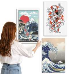 Canvas Art Set Of 3 - The Great Wave Off Kanagawa, Japanese Style, Blue Print On Canvas, Artwork Wall Decor - thumbnail 3