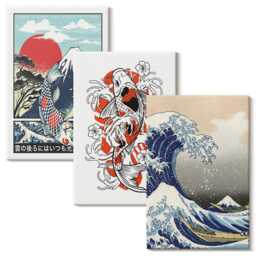 Canvas Art Set Of 3 - The Great Wave Off Kanagawa, Japanese Style, Blue Print On Canvas, Artwork Wall Decor - thumbnail 2